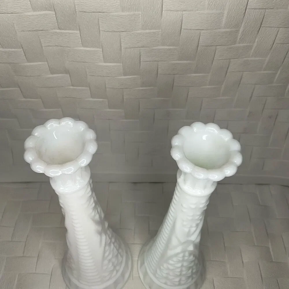Vintage Set of 2 Two Vases Anchor Hocking Milk Glass Bud Vase -Stars and Bars 9”